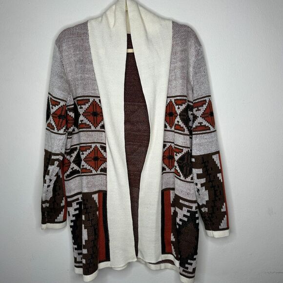 Mags & Pye Cream Brown Rust Native Aztec Print Longline Cardigan Sweater Medium - Picture 3 of 12